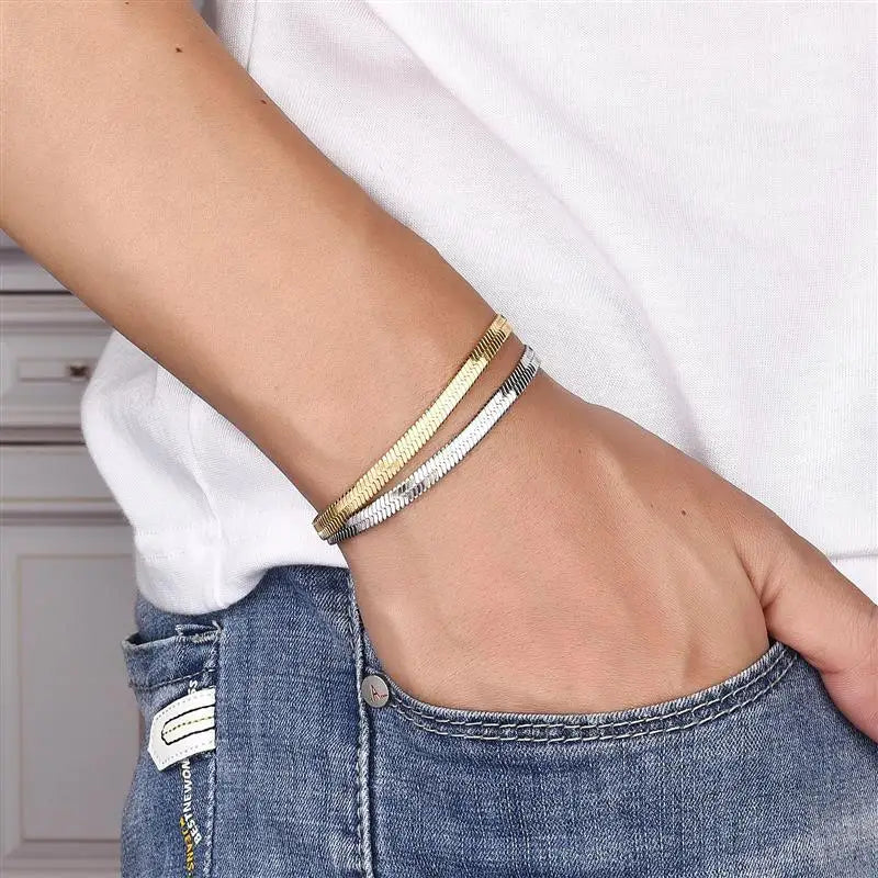 Gold Or Silver 3-5MM Stainless Steel Flat Snake Chain Bracelets