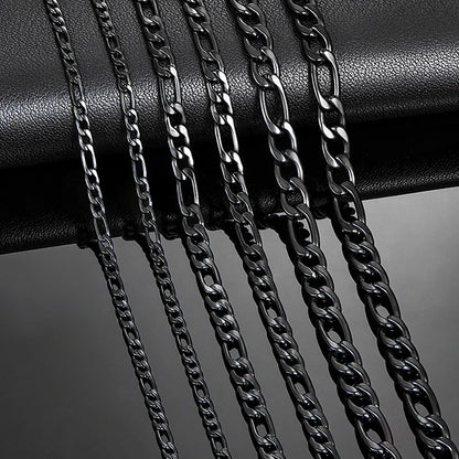 Stainless Steel 3-6mm Black Figaro Chain 16 to 40 Inches