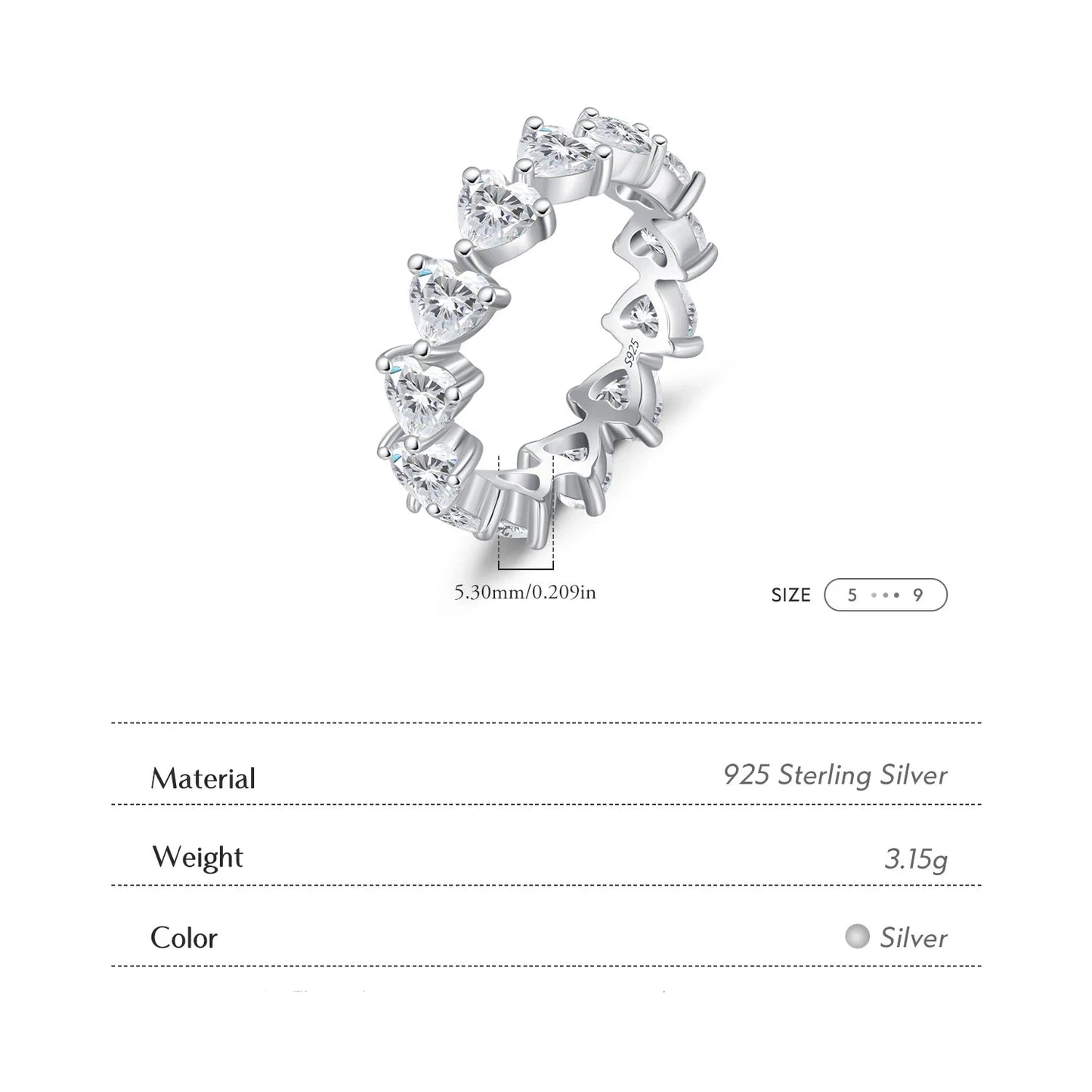 925 Sterling Silver Heart CZ Eternity Band Ring