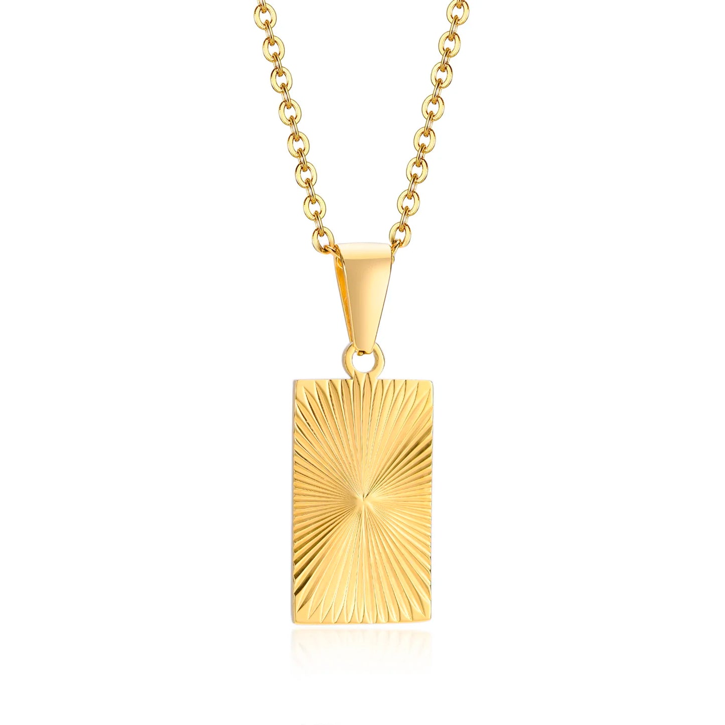 Men Necklace Gold Plated,Embossing Radiation Rectangle Pendant, Stainless Steel Sunburst Charm Necklaces Jewelry