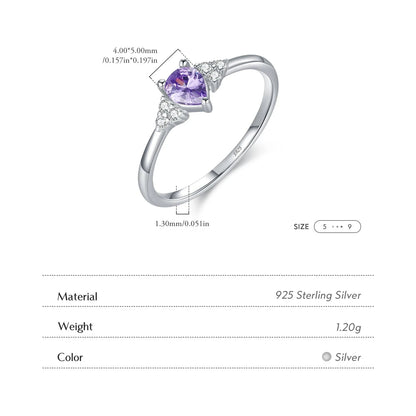 925 Sterling Silver Water Drop Purple Cubic Zirconia Ring