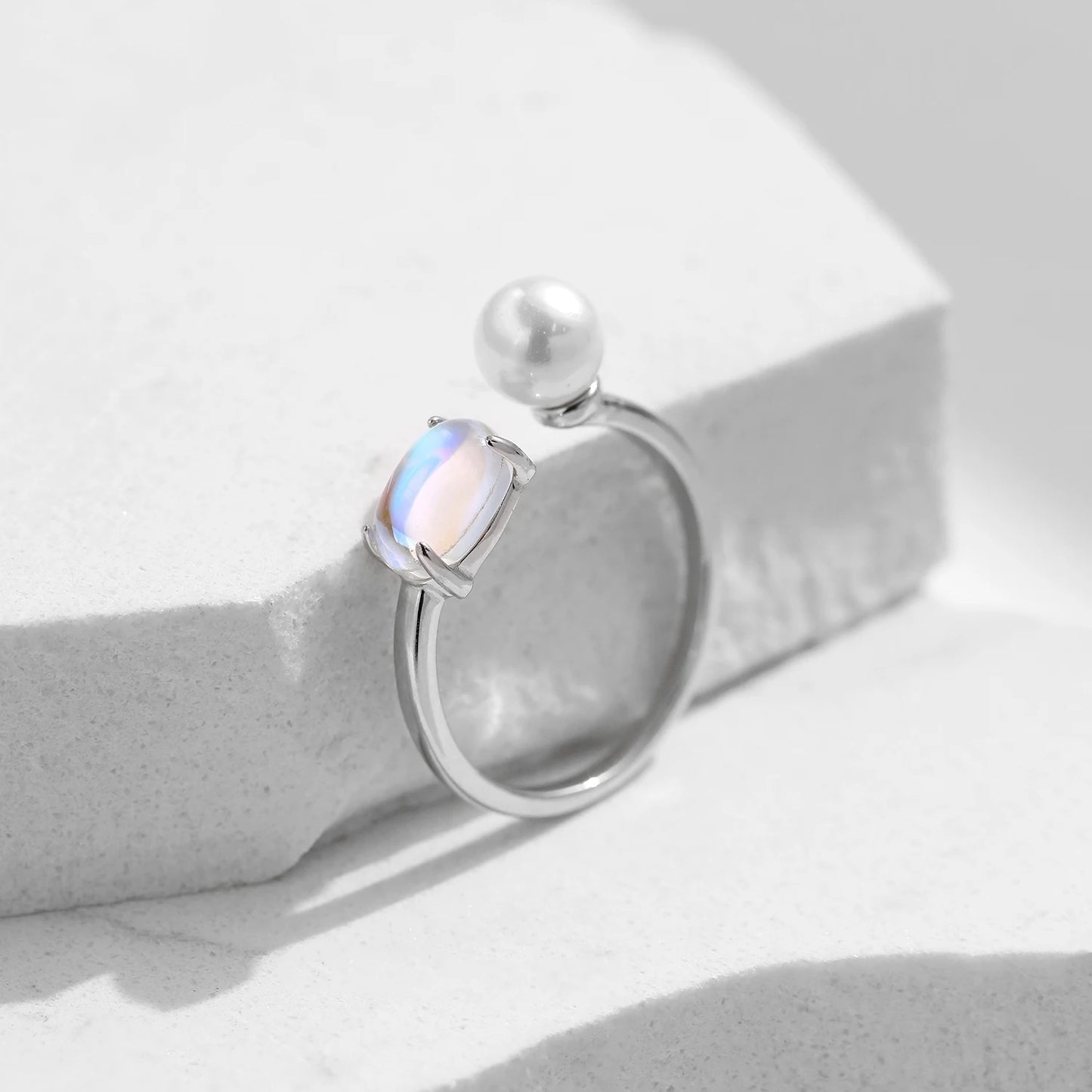 925 Sterling Silver Moonstone, Pearl Adjustable Ring