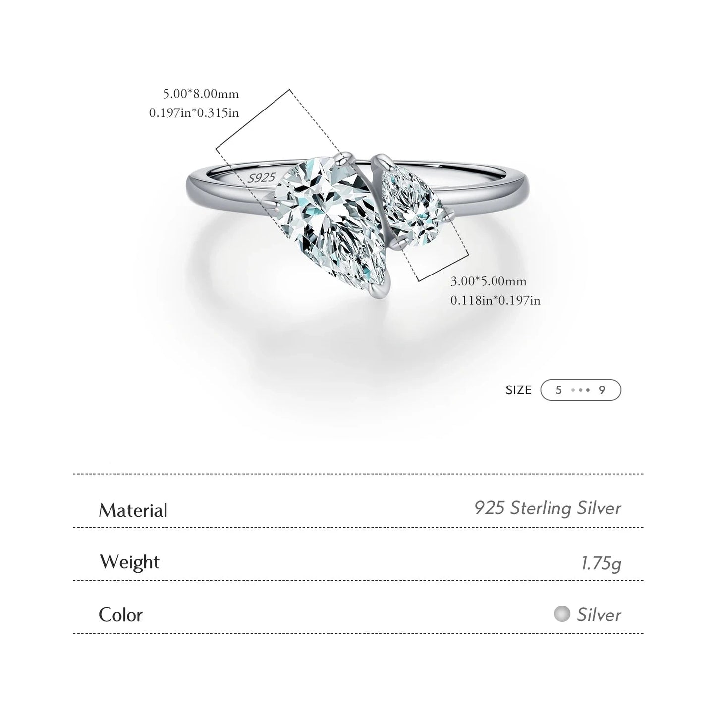 925 Sterling Silver Pear Drop CZ Ring