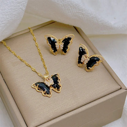 Stainless Butterfly Earrings & Pendant Necklace Set (6 Colors)