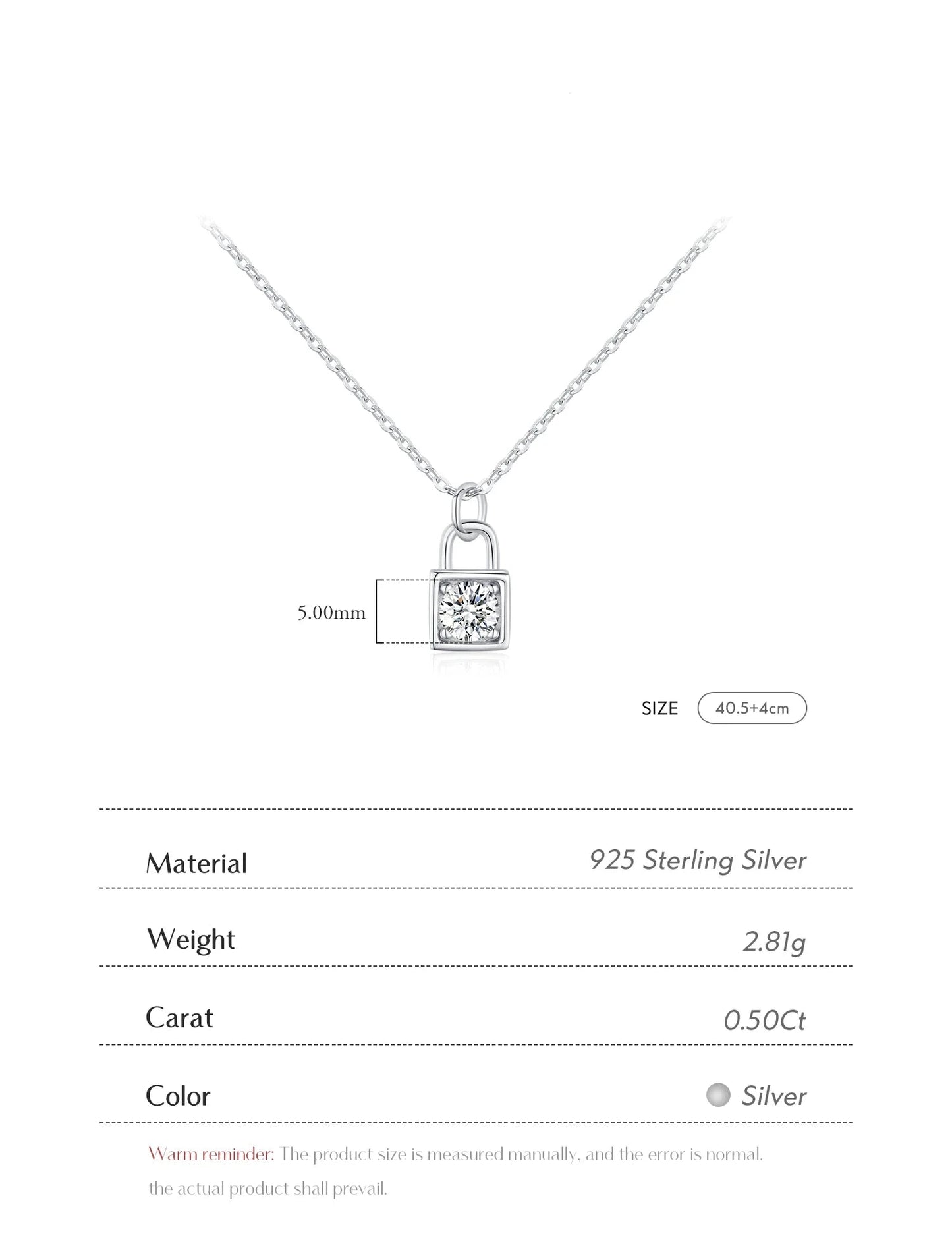 0.5 Carat D Color Moissanite Lock Pendant Necklace 925 Sterling Silver