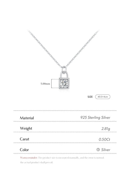 0.5 Carat D Color Moissanite Lock Pendant Necklace 925 Sterling Silver