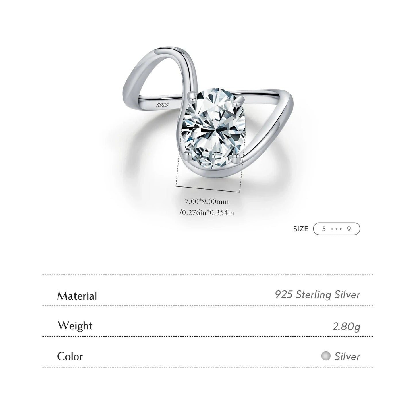 925 Sterling Silver Geometric Oval CZ Ring