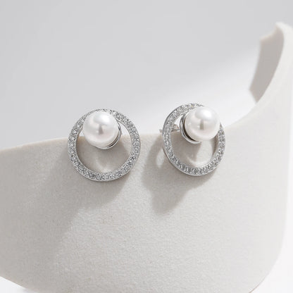 925 Sterling Silver Circle Crystal Pearl Stud Earrings