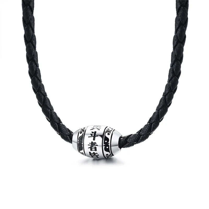 Men's Necklace 9 words Buddha Mantra Lucky Beads Stainless Steel Charm Pendant with Black Braided Rope Male Jewelry 20" Chain