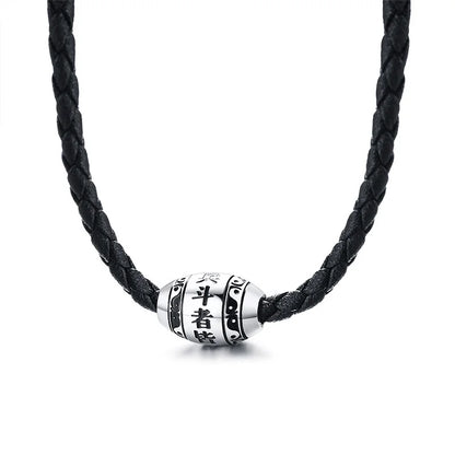 Men's Necklace 9 words Buddha Mantra Lucky Beads Stainless Steel Charm Pendant with Black Braided Rope Male Jewelry 20" Chain