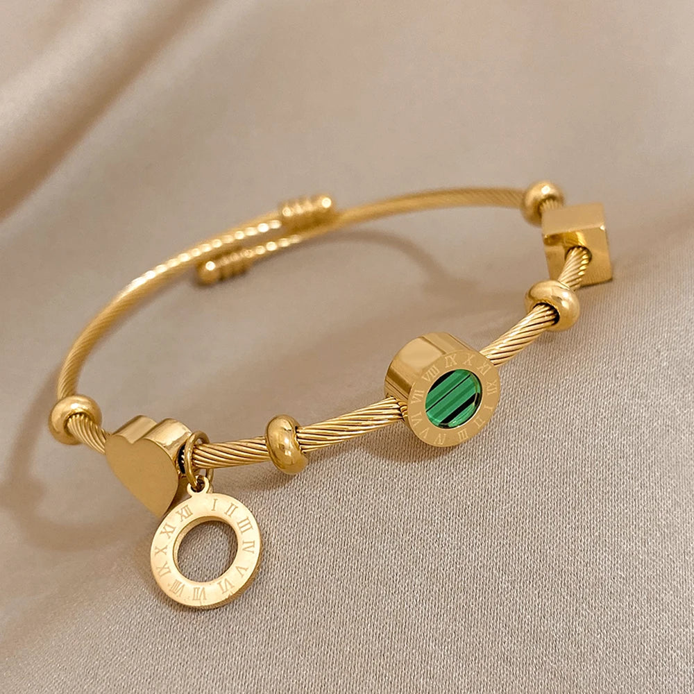 Stainless Steel Malachite Roman Numerals Bangle