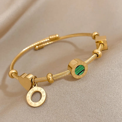 Stainless Steel Malachite Roman Numerals Bangle