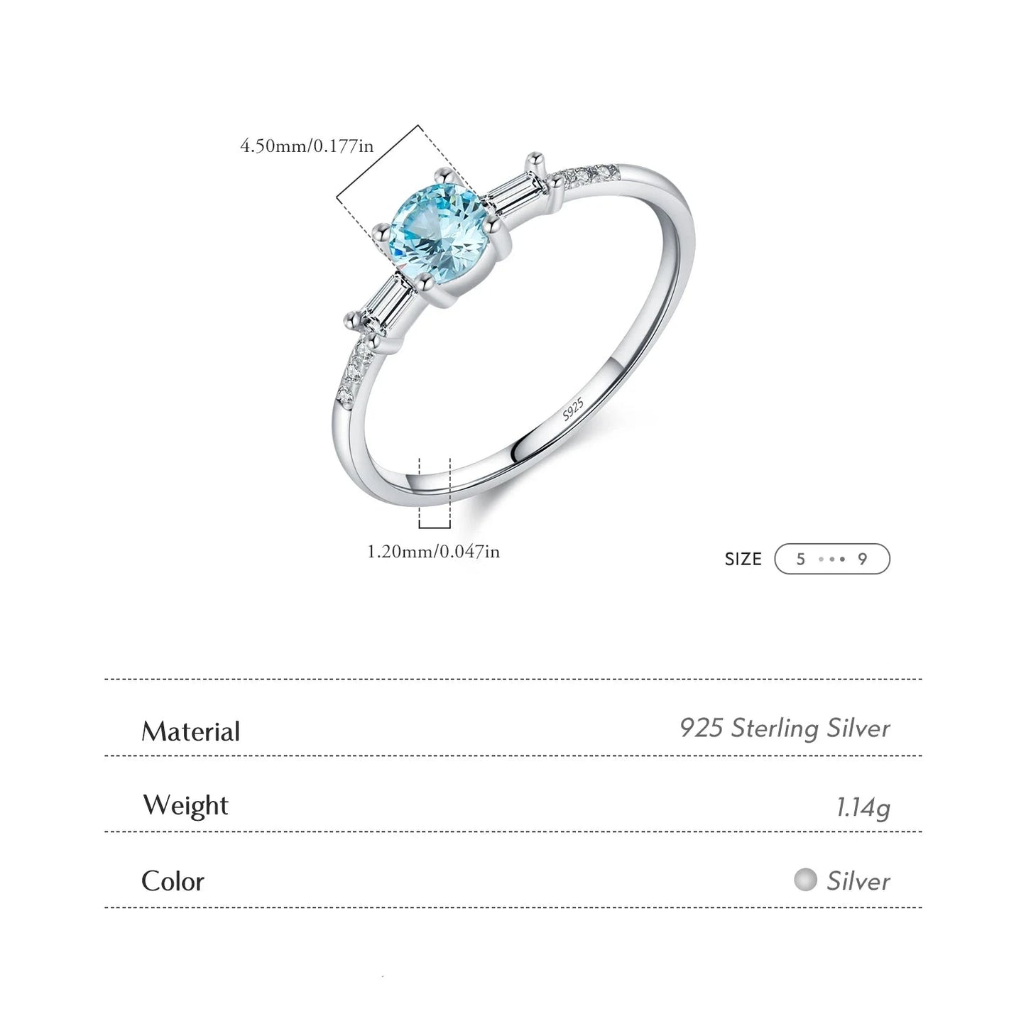 925 Sterling Silver Classic Round Light Blue Cubic Zirconia