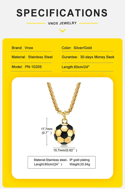 Vnox 3D Football Necklaces for Men, Solid Stainless Steel Casual Scoocer Pendants, Sports Lover Boys Gifts