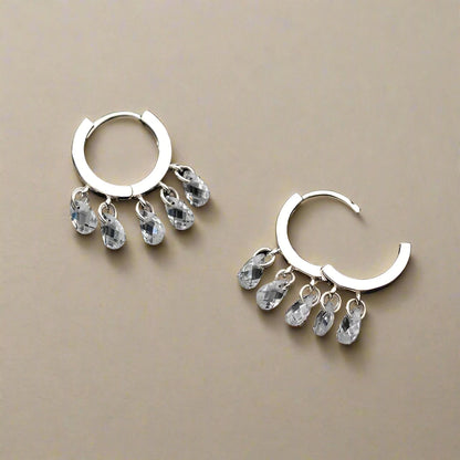 925 Sterling Silver Swaying Water Droplets Hoop Earrings CZ