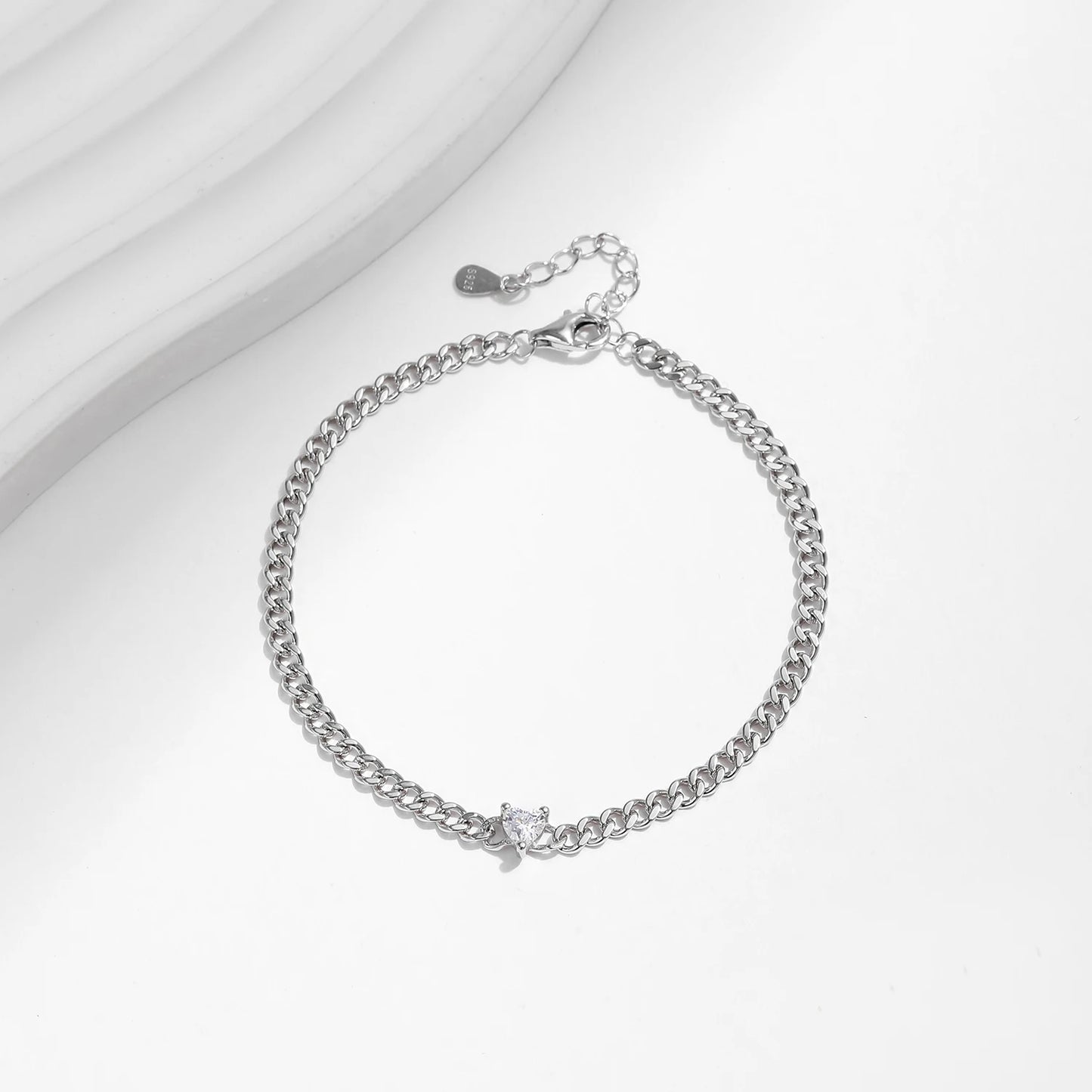 925 Sterling Silver Heart Clear CZ Chain Bracelet