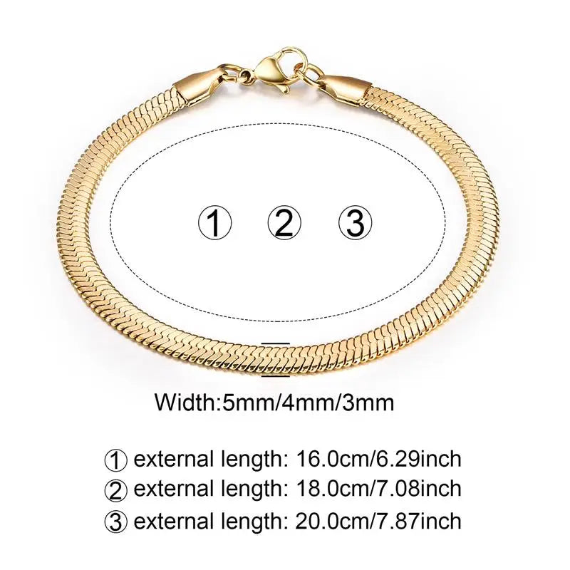 Gold Or Silver 3-5MM Stainless Steel Flat Snake Chain Bracelets