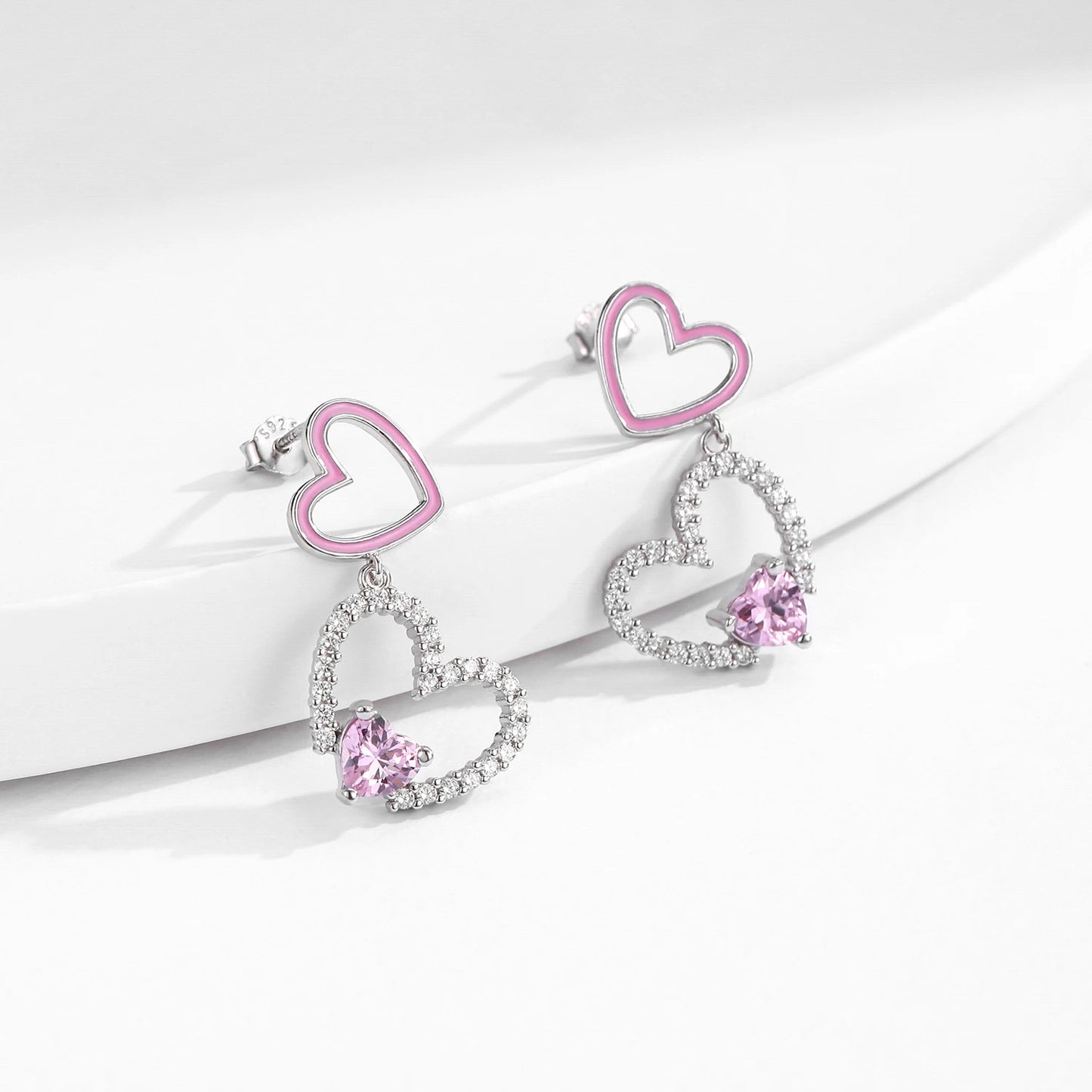 925 Sterling Silver Fashion Pink CZ Double Heart Earrings