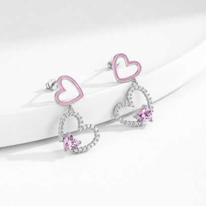 925 Sterling Silver Fashion Pink CZ Double Heart Earrings