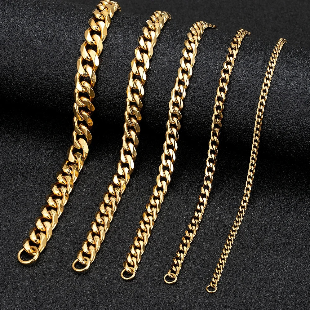 3 Color Choice 3-11mm Stainless Steel Curb Chain Bracelet