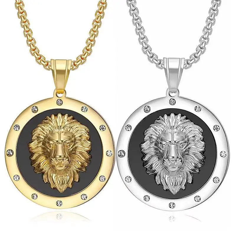 Fashion Domineering Lion Head Round Medal Pendant Necklace Inlaid Zircon Men's Hip Hop Trend Party Jewelry