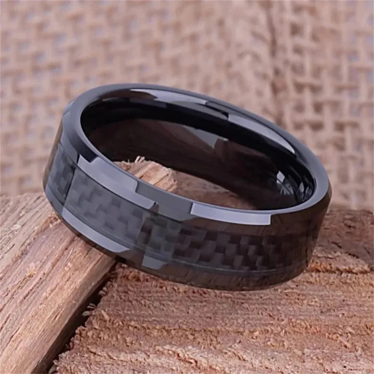 8MM Stainless Steel Rings Inlaid Black Carbon Fiber