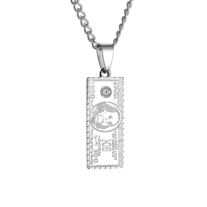 Stainless Steel 100 Dollar Bill Pendant Necklace for Men Women Fashion Lucky Wealth Jewelry Exquisite Gift