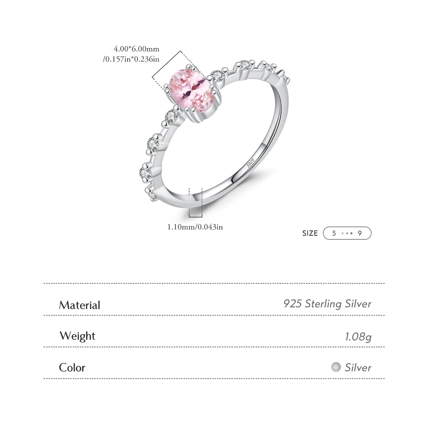 925 Sterling Silver Pink Oval CZ Ring