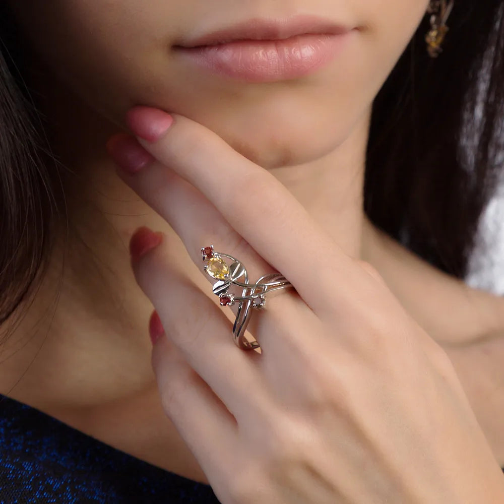 925 Sterling Silver Ring Natural Agate, Topaz, Amethyst, Citrine or Garnet Petal Ring