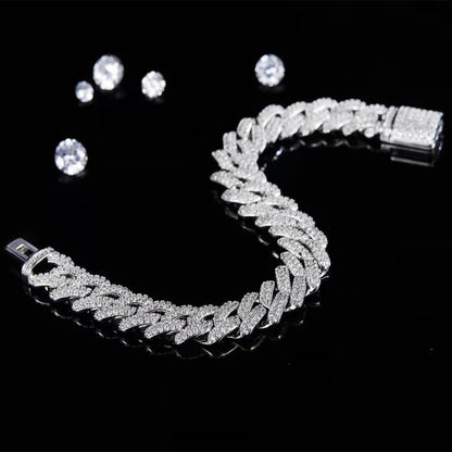 12mm Moissanite Cuban Link Chain Bracelet 925 Sterling Silver Silver