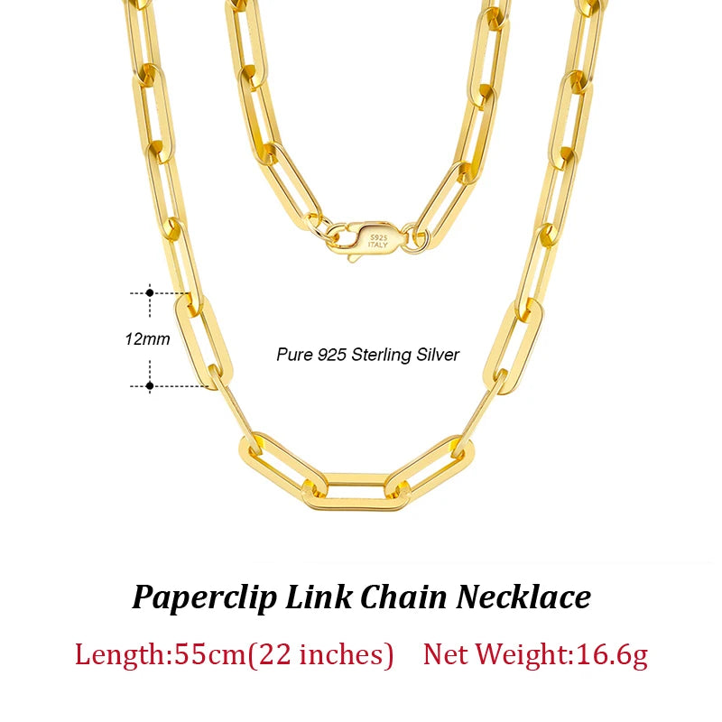 Gold or 925 Sterling Silver Paperclip Chain 6/9.3/12mm