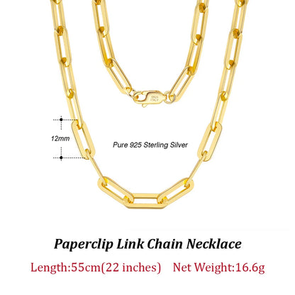 Gold or 925 Sterling Silver Paperclip Chain 6/9.3/12mm