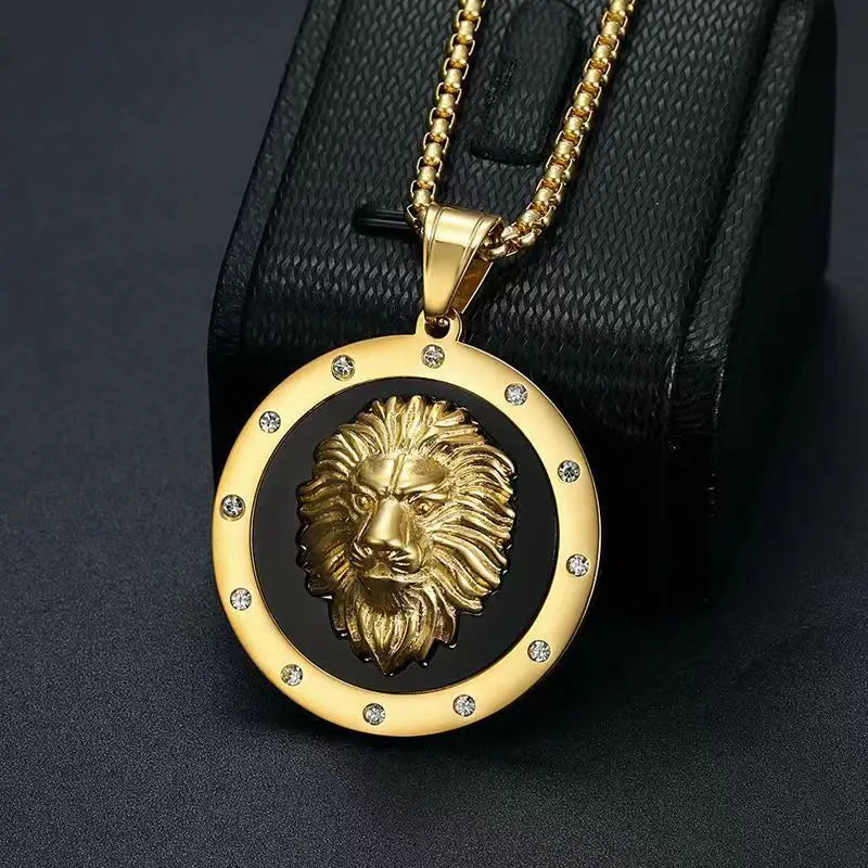 Fashion Domineering Lion Head Round Medal Pendant Necklace Inlaid Zircon Men's Hip Hop Trend Party Jewelry