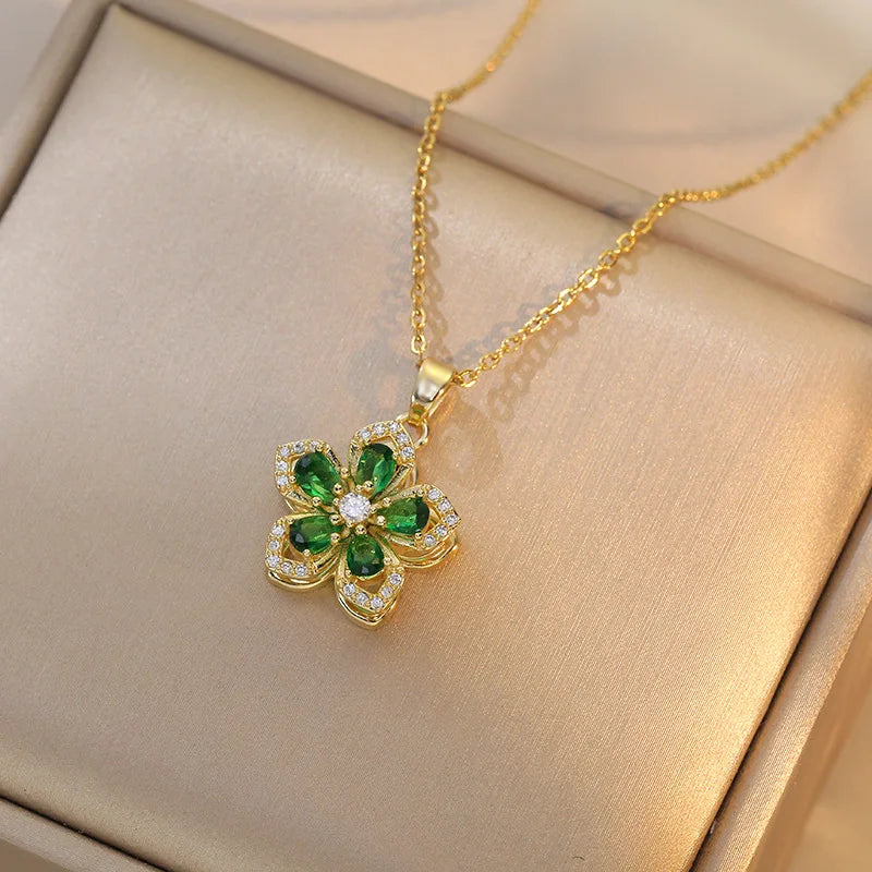 Gold Stainless Steel Rotatable Flower CZ Pendant Necklace