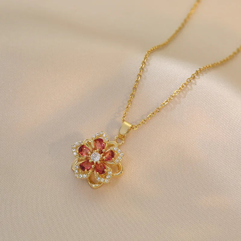 Gold Stainless Steel Rotatable Flower CZ Pendant Necklace