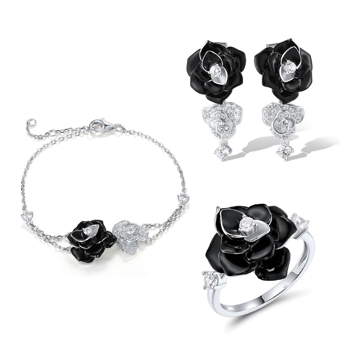 925 Sterling Silver Black Flower Set