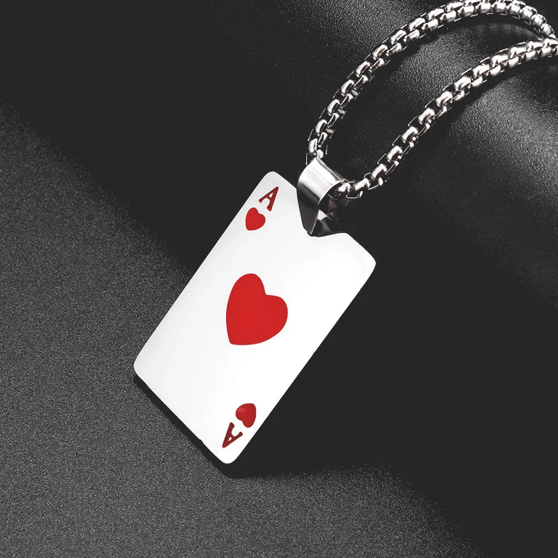 Stainless Steel Ace of Hearts Ace of Spades Playing Cards Pendant Necklace for Men and Women Fashionable Hip Hop Jewelry