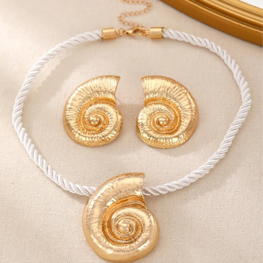 Gold Or Silver Color Boho Conch Ear Studs & Necklace