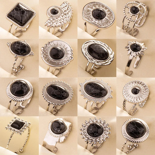 Stainless Steel Black Stone Silver Color Adjustable Rings