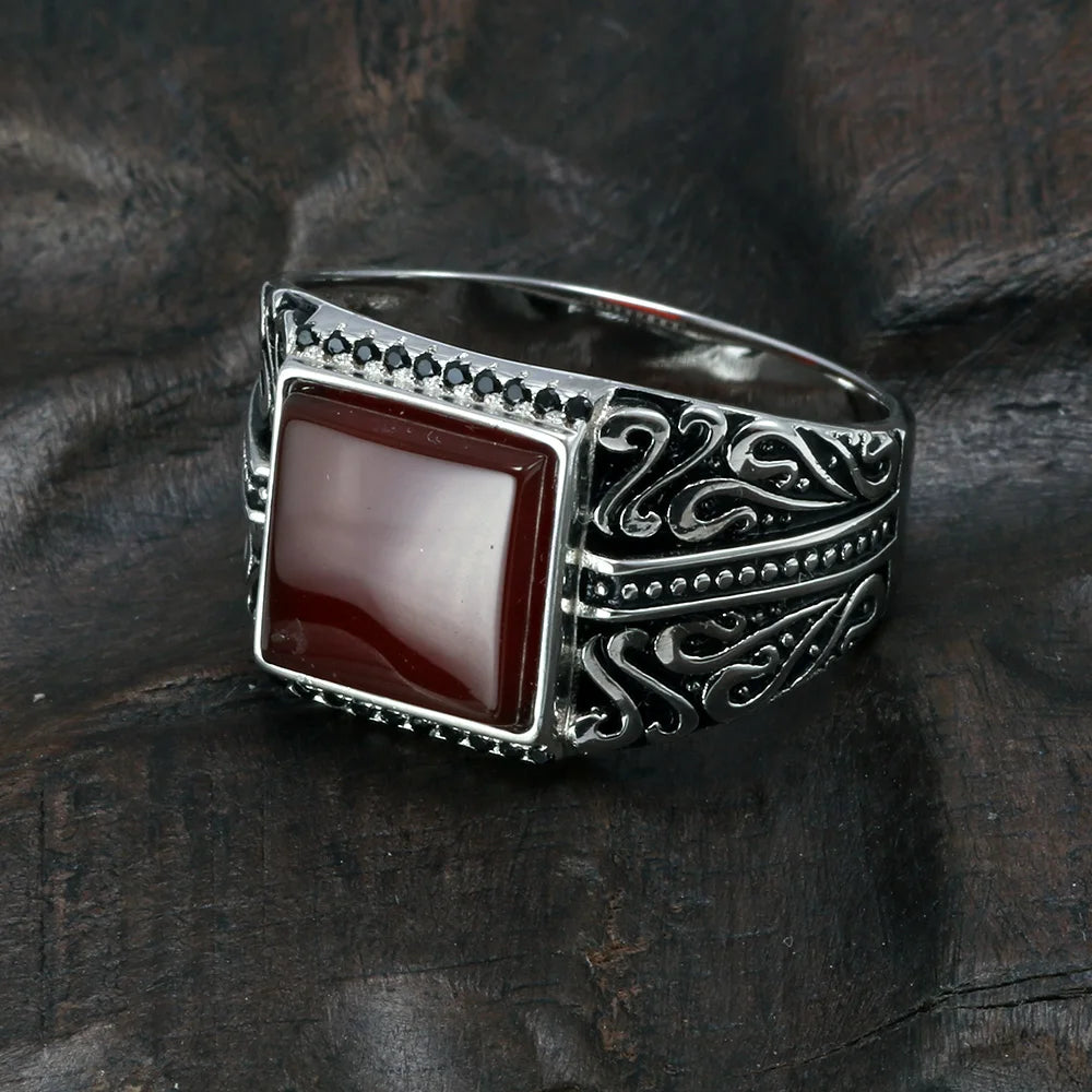 925 Sterling Silver Ring, Black, Green, Red Natural Onyx Stone