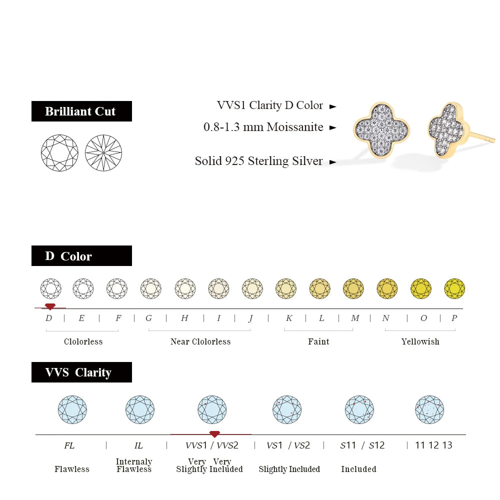 Round Cut Full D VVS1 Color Moissanite 925 Silver Or Pure 10K 14K 18K Gold Earrings