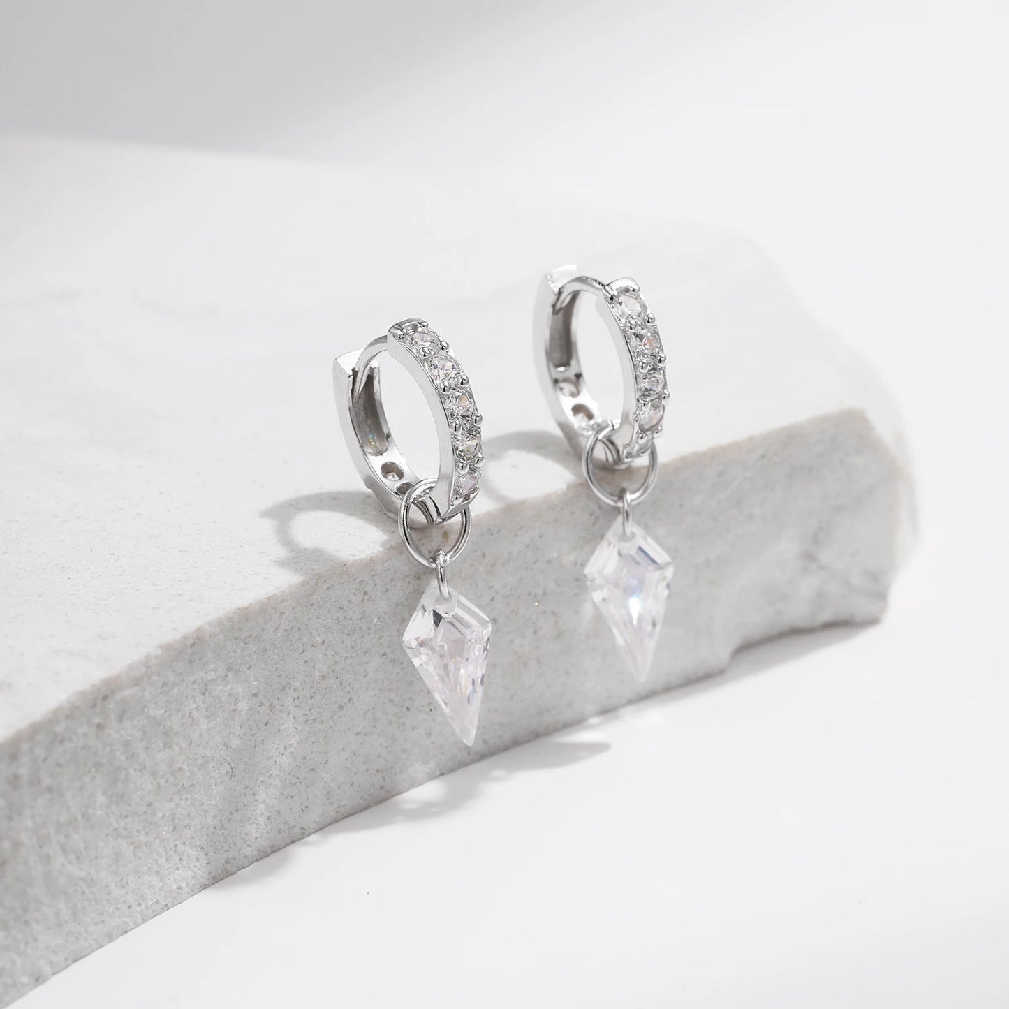 925 Sterling Silver Rhombic CZ Hoop Earrings