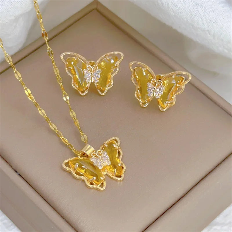 Stainless Butterfly Earrings & Pendant Necklace Set (6 Colors)