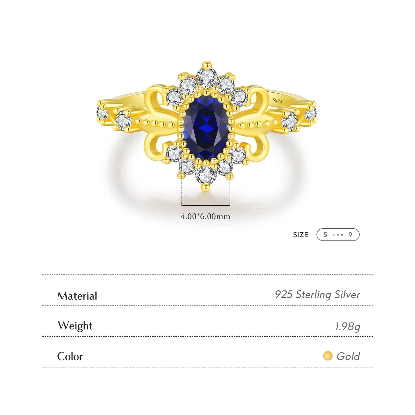 925 Sterling Silver Crown Blue Oval Zirconia Ring