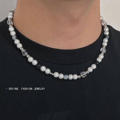 Hip hop Original Design Reflective Pearl Necklace Man Ice Cracked Stone Beaded Stainless Steel Men's Necklace Aesthetic Jewelry