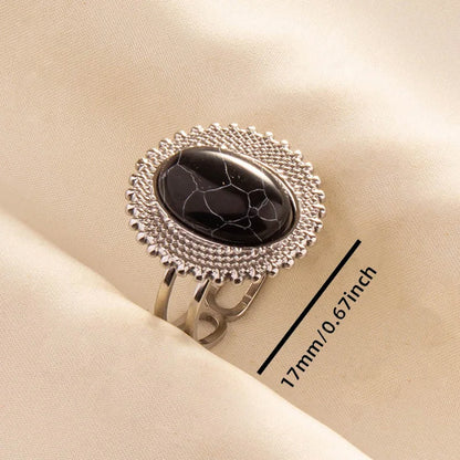 Stainless Steel Black Stone Silver Color Adjustable Rings