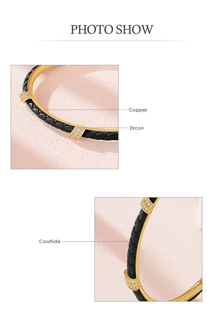 Cubic Zircon Adjustable Leather Bracelet (Color Options)