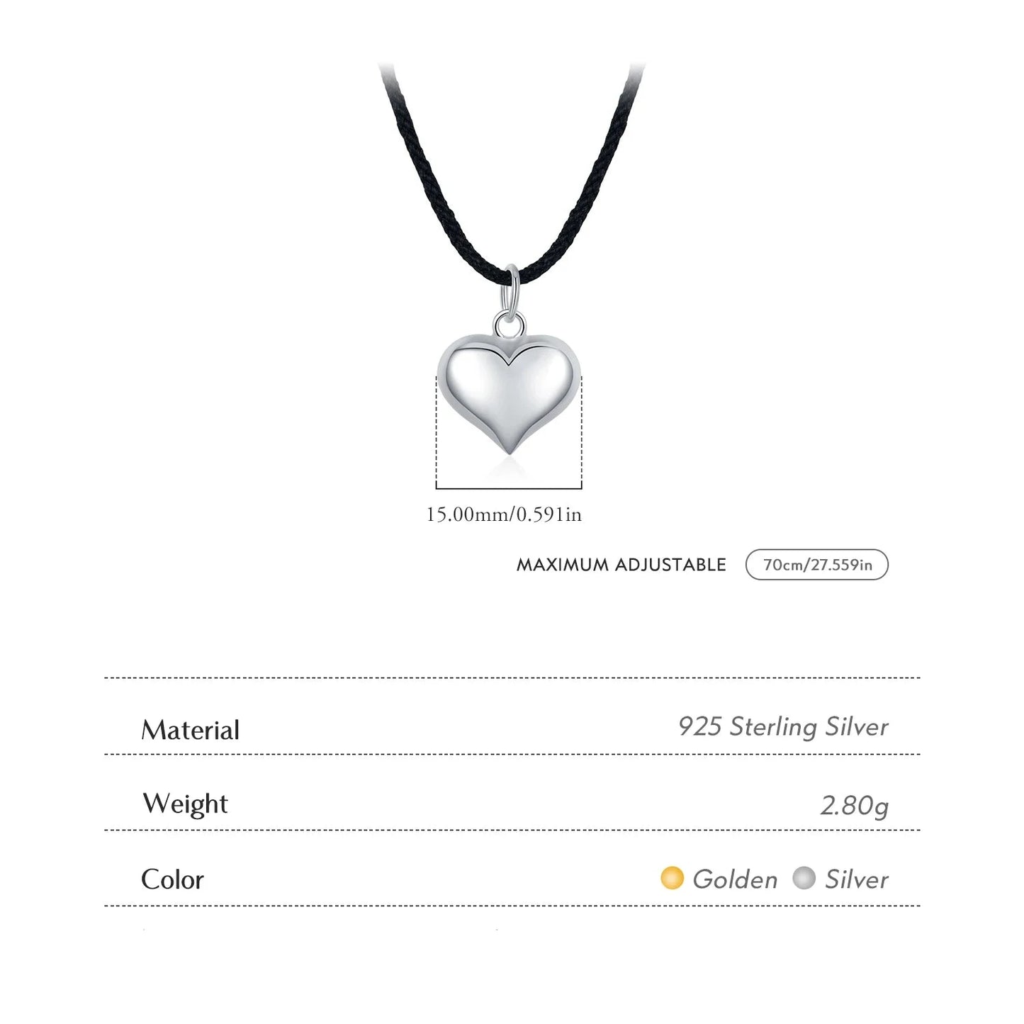 925 Sterling Silver Heart Pendant Long Material Necklace