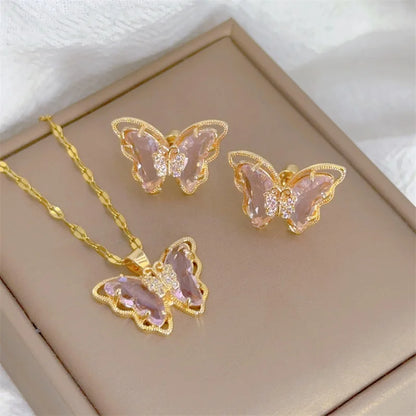 Stainless Butterfly Earrings & Pendant Necklace Set (6 Colors)