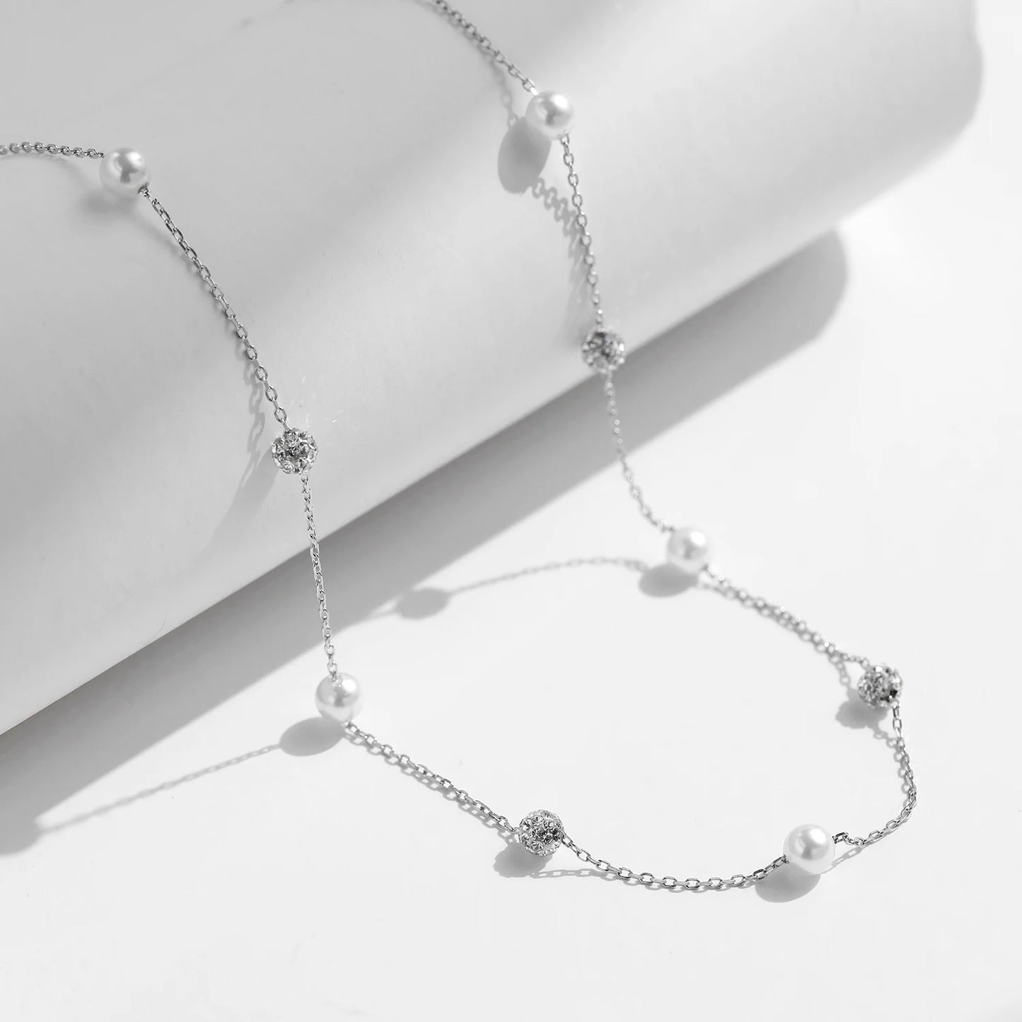 925 Sterling Silver Zirconia Beads & Pearl Chain Necklace